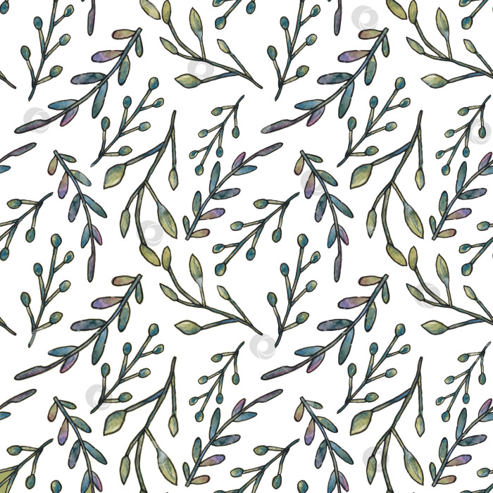 Скачать Бесшовный узор со стилизованными ветками и листьями на белом фоне. Иллюстрация выполнена акварелью от руки. Рисунки можно разместить на ткани, оберточной бумаге, обоях и использовать для обложек. фотосток Ozero