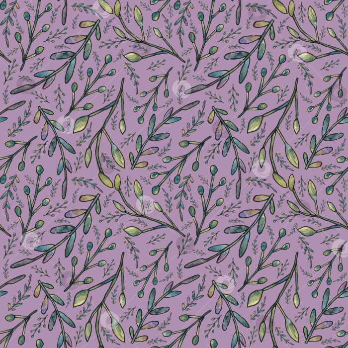 Скачать Бесшовный узор со стилизованными ветками и листьями на фиолетовом фоне. Иллюстрация выполнена акварелью от руки. Можно использовать для ткани, оберточной бумаги, скрапбукинга и других ваших работ. фотосток Ozero