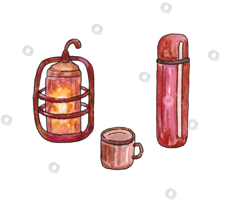 Скачать Набор походных принадлежностей. Фонарь, термос и кружка. Рисунки акварелью на белом фоне. Нарисованы от руки. фотосток Ozero