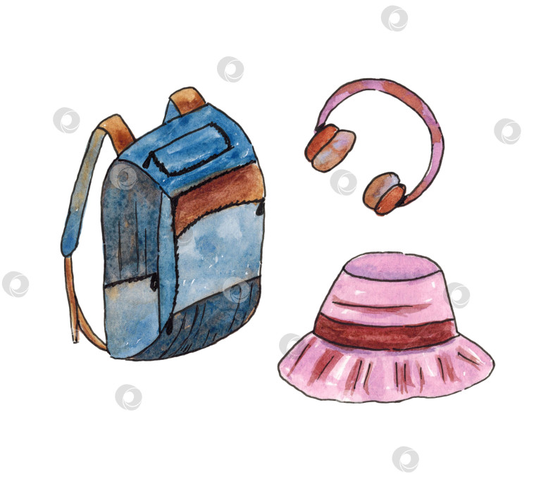 Скачать Набор походных принадлежностей. Рюкзак, наушники и панама. Рисунки акварелью на белом фоне. Нарисовано от руки. фотосток Ozero