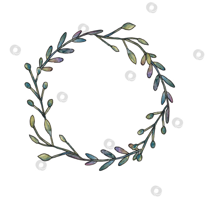 Скачать Рамка-венок с ветками на белом фоне. Рамка с местом для текста. Дизайн поздравительных открыток, приглашений. Иллюстрация выполнена вручную акварелью. фотосток Ozero