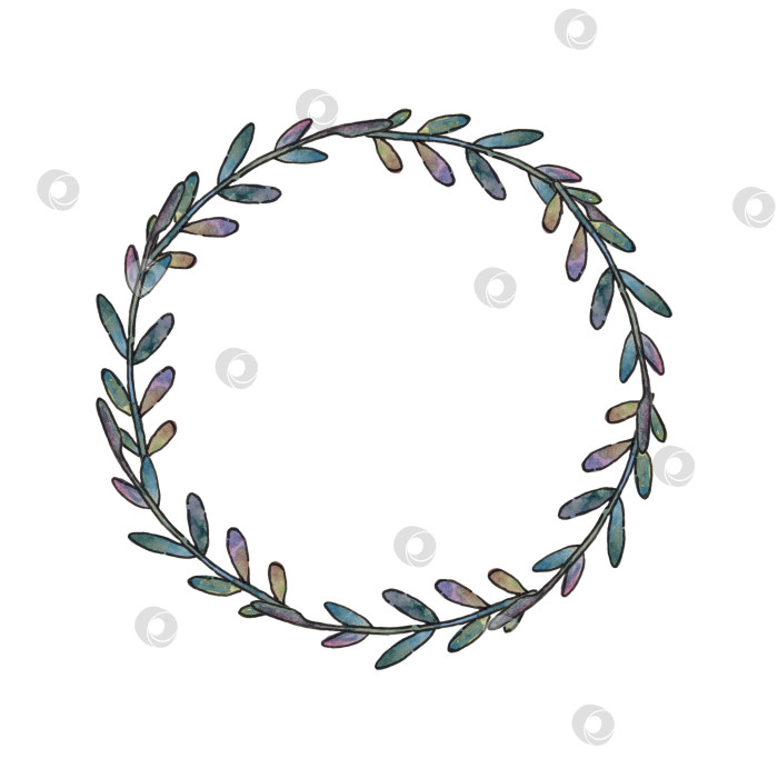 Скачать Декоративная рамка-венок с живописными ветками на белом фоне. Рамка с местом для текста. Дизайн поздравительных открыток, приглашений. Иллюстрация выполнена акварелью от руки. фотосток Ozero