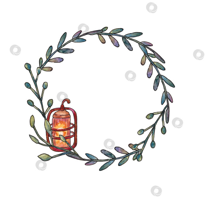 Скачать Декоративный венок с фонарем и живописными ветками на белом фоне. Рамка с местом для текста. Дизайн для поздравительных открыток, приглашений. Иллюстрация выполнена от руки акварелью. фотосток Ozero