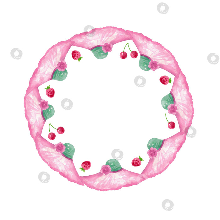 Скачать Украсьте венок предметами для летнего пляжного отдыха. Розовая шляпка от солнца, клубника и вишня на белом фоне. Освободите место для текста. Нарисовано от руки акварелью. фотосток Ozero