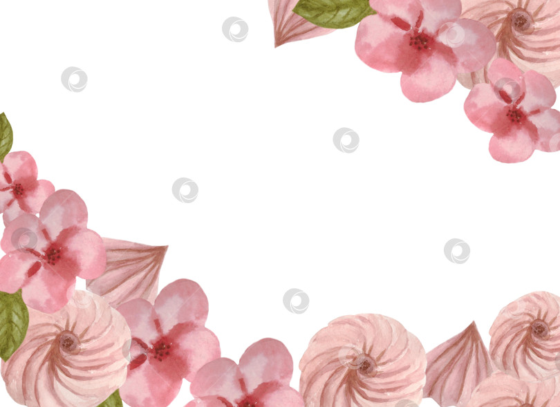 Скачать Рамка с цветами вишни и зефиром на белом фоне. С пустым местом для текста. Может использоваться как поздравительная открытка, пригласительный, приглашение на свадьбу. фотосток Ozero