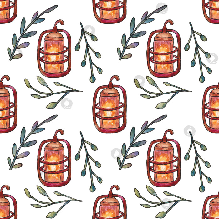 Скачать Бесшовный узор с фонарем и ветками с листьями на белом фоне. Нарисован вручную акварелью. фотосток Ozero