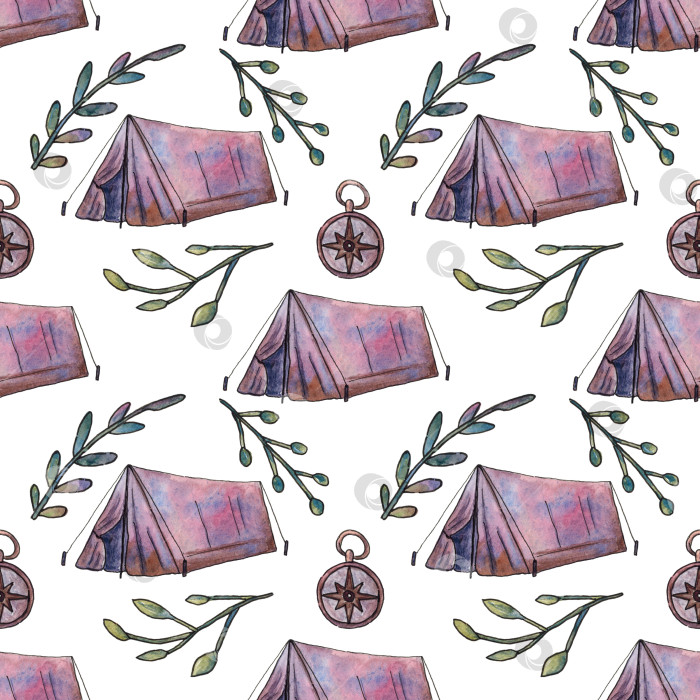 Скачать Бесшовный фон с элементами кемпинга. Палатка, компас и ветки с листьями на белом фоне. Нарисовано акварелью. фотосток Ozero