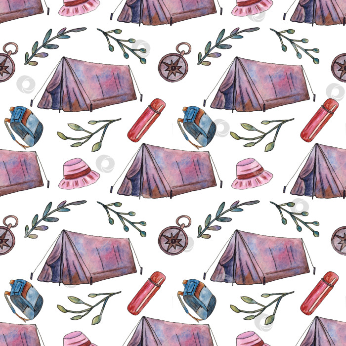 Скачать Бесшовный фон с предметами для кемпинга. Палатка, компас, термос, рюкзак, панама и ветки с листьями на фиолетовом фоне. Нарисовано вручную акварелью. фотосток Ozero