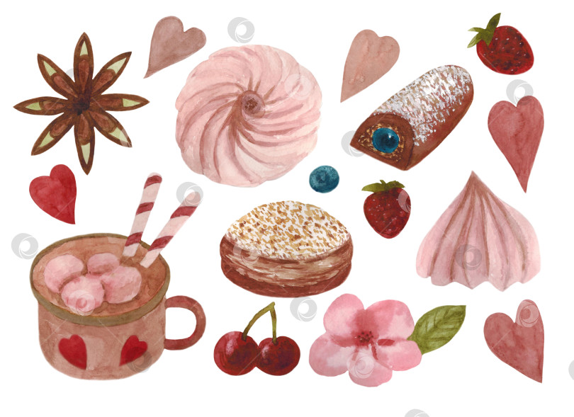 Скачать Набор клипартов с кофе и сладостями.Кофе, торт, зефир, вишня, булочка, черника, клубника, анис, цветок и сердечки на белом фоне. Иллюстрация выполнена акварелью. фотосток Ozero