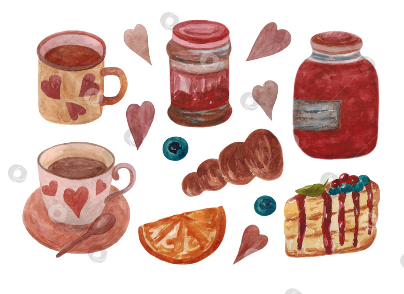 Скачать Набор сладостей. Кофе, джем, пирожные, черника, апельсины и сердечки на белом фоне. Иллюстрация выполнена акварелью. Может быть использована для вашего дизайна. фотосток Ozero