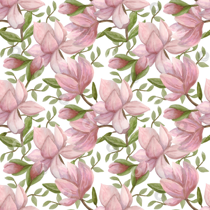 Скачать Бесшовный узор с цветами и листьями магнолии на белом фоне. Иллюстрация выполнена вручную акварелью. Может использоваться для изготовления ткани, открыток, красивых оберток, оберточной бумаги. фотосток Ozero