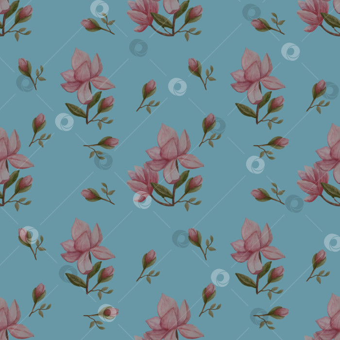 Скачать Бесшовный узор с цветами магнолии на голубом фоне. Рисунок выполнен акварелью. Можно использовать для изготовления ткани, одежды, открыток, красивых оберток. фотосток Ozero