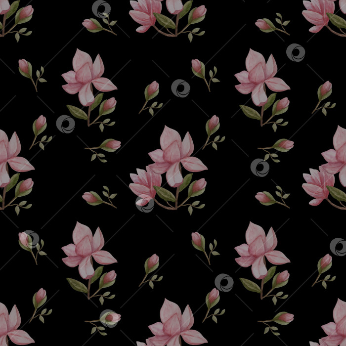 Скачать Бесшовный узор с изображением магнолии на черном фоне. Рисунок выполнен акварелью. фотосток Ozero