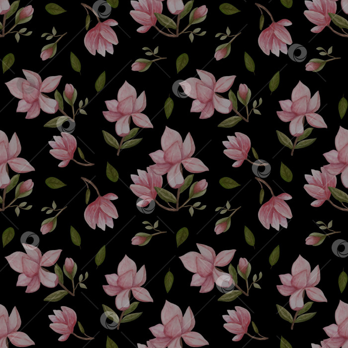 Скачать Бесшовный узор с розовыми цветами магнолии на черном фоне. Рисунок выполнен акварелью. Можно использовать для ткани, одежды, открыток, красивых оберток. фотосток Ozero