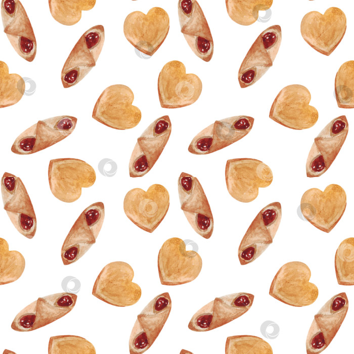 Скачать Бесшовный узор с изображением печенья на белом фоне. Рисунок выполнен акварелью. Его можно использовать для изготовления тканей, обоев, текстиля, обложек, упаковочной бумаги, открыток, меню. фотосток Ozero