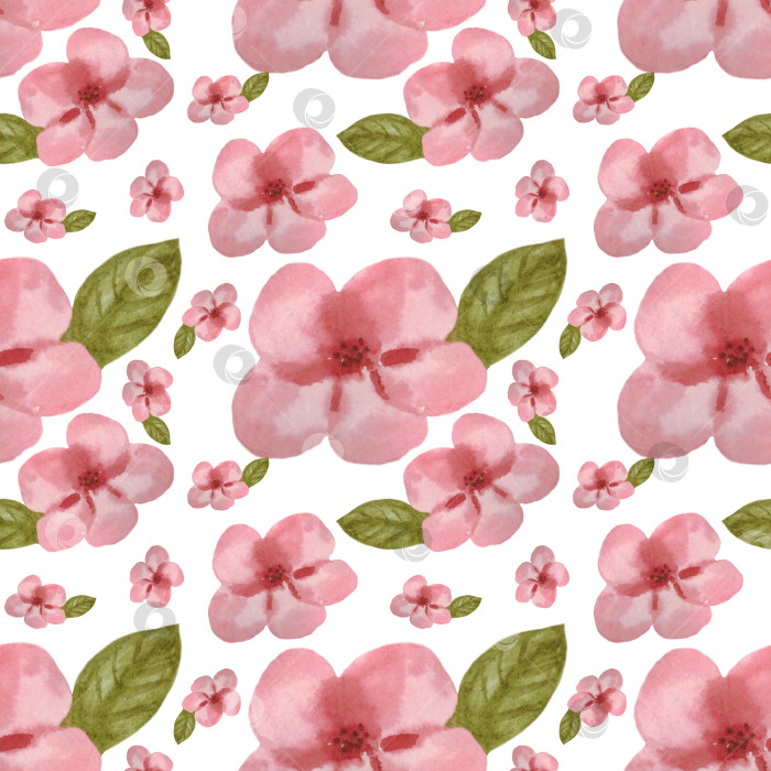 Скачать Бесшовный узор с розовыми цветами сакуры и листьями на белом фоне. Иллюстрация выполнена акварелью от руки. Можно использовать на ткани, обложках, упаковочной бумаге, для скрапбукинга, обоях. фотосток Ozero
