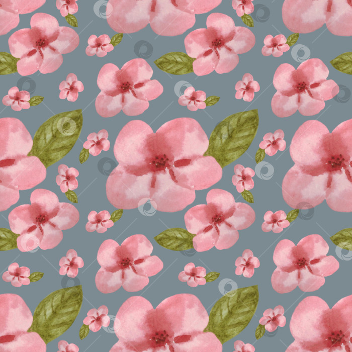 Скачать Бесшовный узор с розовыми цветами сакуры и листьями на сером фоне. Иллюстрация выполнена акварелью от руки. Можно использовать на ткани, обложках, упаковочной бумаге, для скрапбукинга, обоях. фотосток Ozero
