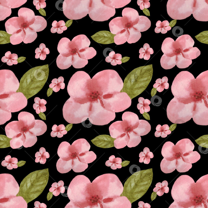 Скачать Бесшовный узор с розовыми цветами сакуры и листьями на черном фоне. Иллюстрация выполнена акварелью от руки. Можно использовать на ткани, обложках, упаковочной бумаге, для скрапбукинга. фотосток Ozero