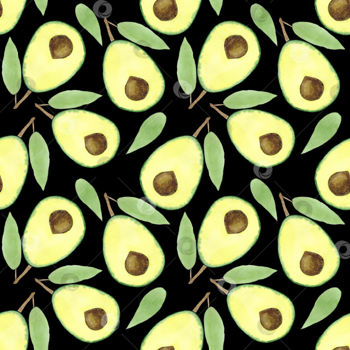 Скачать Бесшовный узор из половинок авокадо и листьев. Можно использовать для открыток, оберточной бумаги, меню, рецептов здорового питания. Работа выполнена акварелью. фотосток Ozero