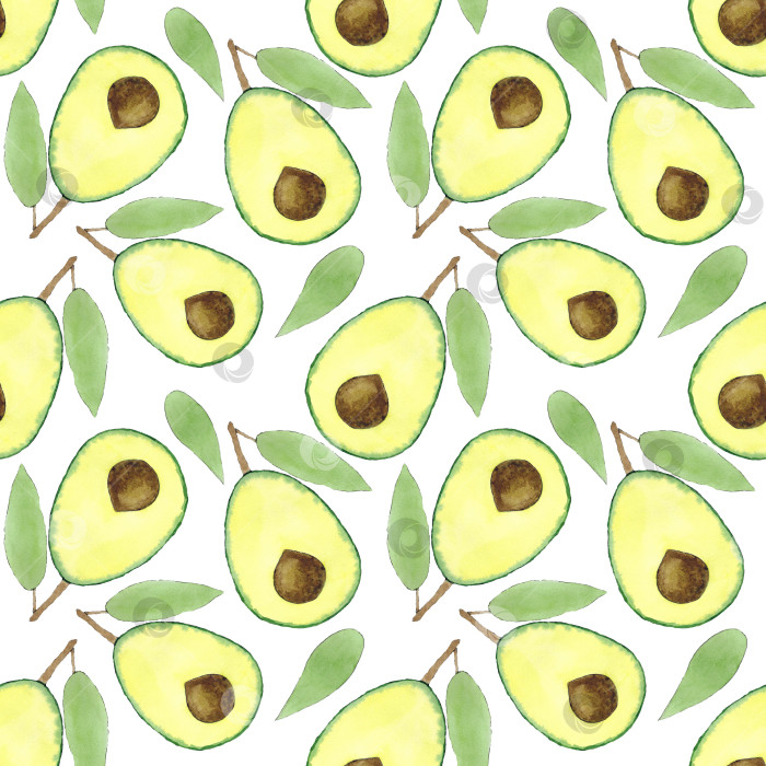 Скачать Бесшовный узор из половинок авокадо и листьев. Можно использовать для открыток, оберточной бумаги, меню, рецептов здорового питания. Работа выполнена акварелью. фотосток Ozero