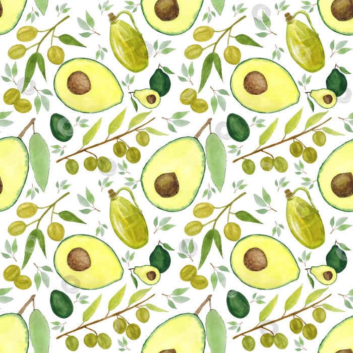 Скачать Оливки, авокадо, половинки авокадо, оливковое масло, ветви оливкового дерева. Бесшовный узор на белом фоне. Нарисован вручную акварелью. Может использоваться для ткани, упаковочной бумаги, обложек меню, почтовых вагонов. фотосток Ozero