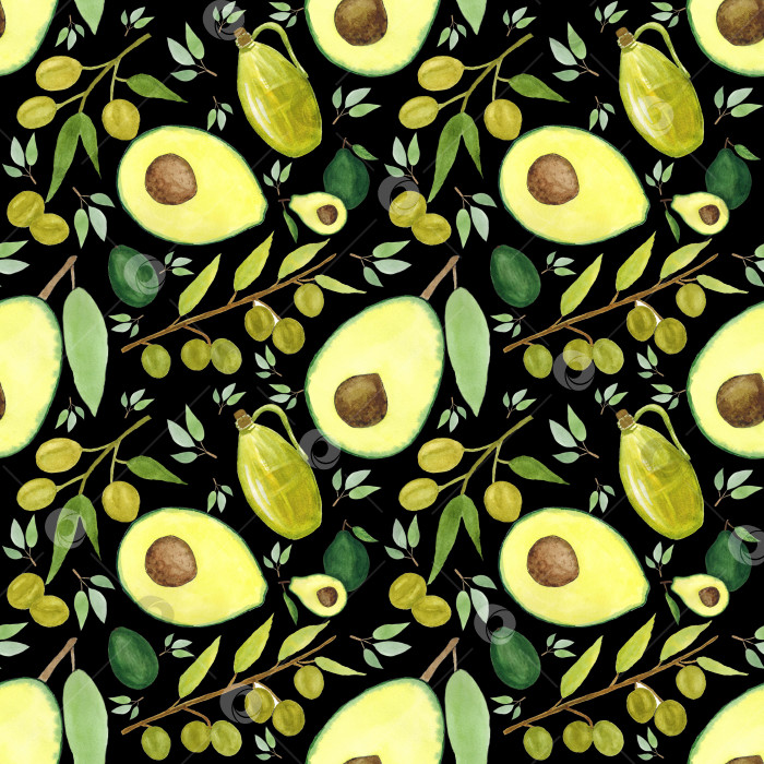 Скачать Оливки, авокадо, половинки авокадо, оливковое масло, ветви оливкового дерева. Бесшовный узор на белом фоне. Нарисован вручную акварелью. Может использоваться для ткани, упаковочной бумаги, обложки меню. фотосток Ozero