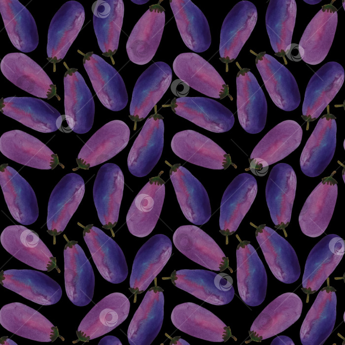 Скачать Бесшовный растительный узор, баклажан на черном фоне. Нарисован вручную акварелью. Может быть нанесен на ткань, обои, открытки, упаковку, плакат. фотосток Ozero