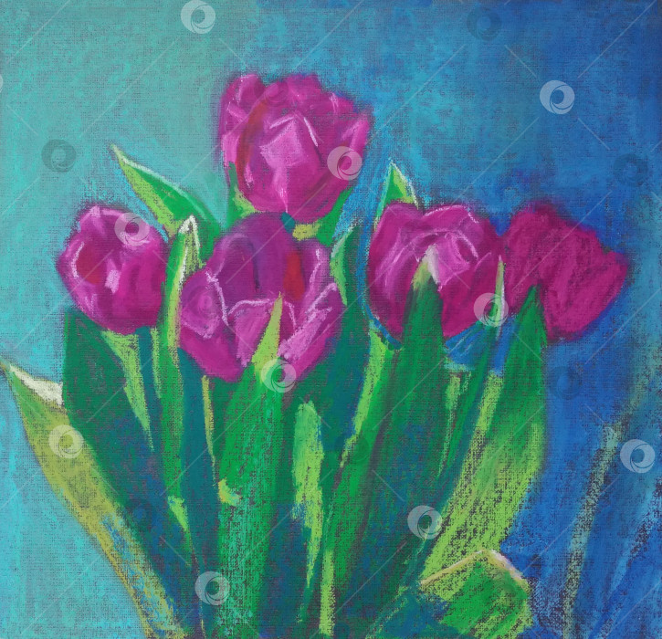 Скачать Букет тюльпанов, нарисованный вручную пастелью. Может использоваться в качестве плаката, поздравительной открытки, принта, наклейки, украшения интерьера. фотосток Ozero