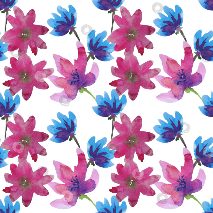 Скачать Бесшовный квадратный узор из розовых и голубых цветов на белом фоне. Иллюстрация выполнена вручную акварелью. фотосток Ozero