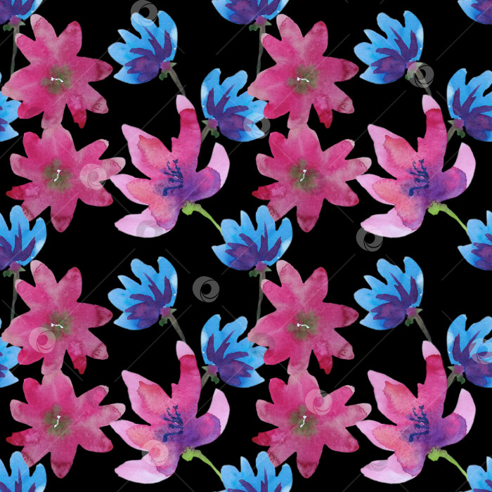 Скачать Бесшовный квадратный узор из розовых и голубых цветов на черном фоне. Иллюстрация выполнена вручную акварелью. фотосток Ozero