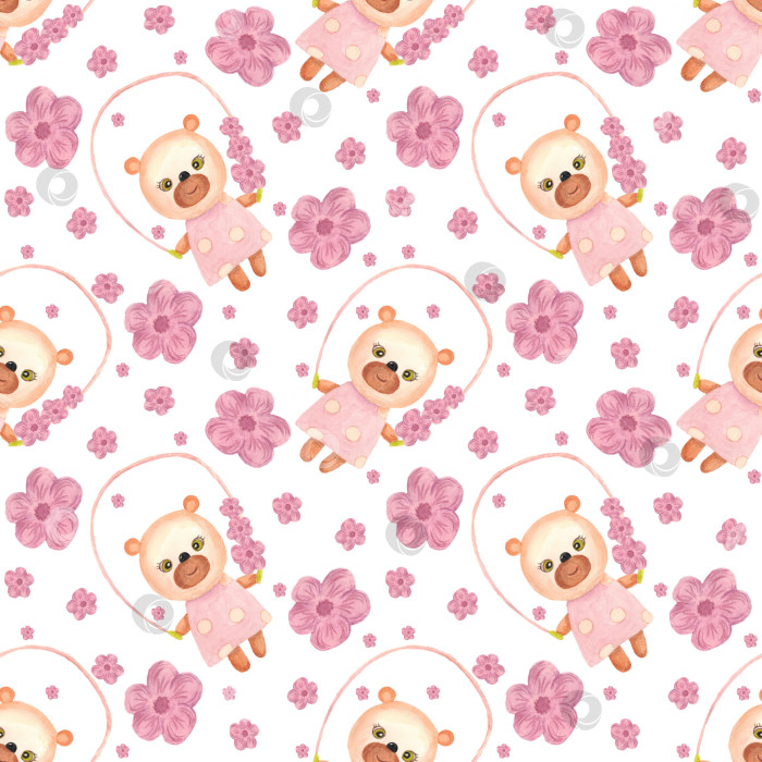 Скачать Медвежонок и розовые цветы. Бесшовный узор на белом фоне. Медвежонок прыгает по канату. Иллюстрация выполнена акварелью от руки. Ее можно использовать для детских тканей, упаковочной бумаги. фотосток Ozero