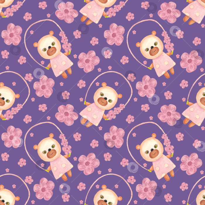 Скачать Милый медвежонок и розовые цветы. Бесшовный узор на фиолетовом фоне. Медвежонок прыгает по канату. Иллюстрация выполнена акварелью от руки. Ее можно использовать для детских тканей. фотосток Ozero