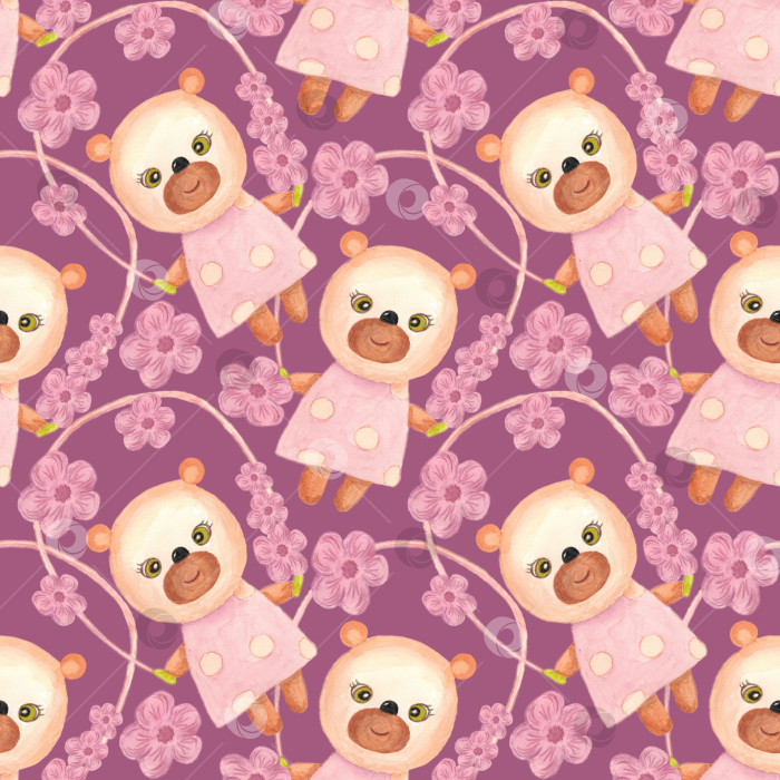 Скачать Медвежонок и розовые цветы. Бесшовный узор на фиолетовом фоне. Медвежонок прыгает по канату. Иллюстрация выполнена акварелью от руки. Ее можно использовать для детских тканей, упаковочной бумаги., фотосток Ozero