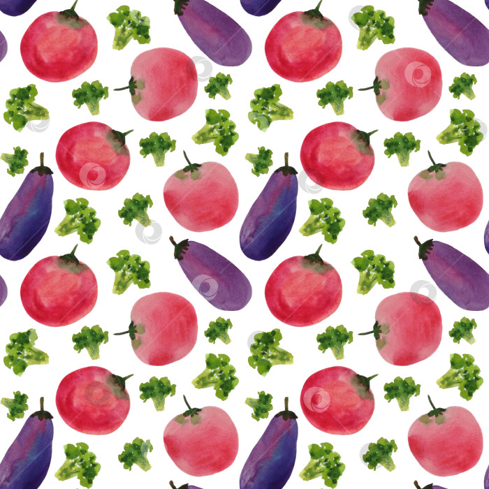 Скачать Бесшовный яркий узор с помидорами, баклажанами и брокколи на белом фоне. Нарисован вручную акварелью. фотосток Ozero