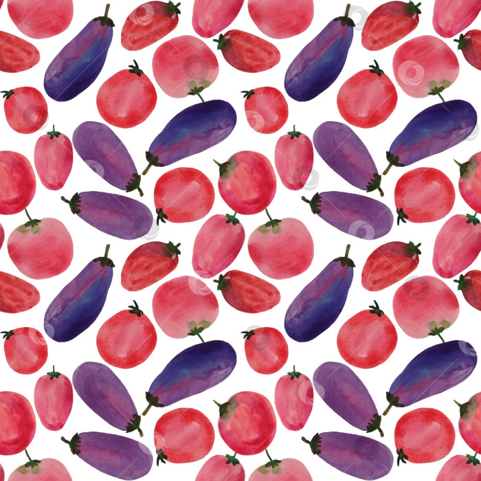 Скачать Бесшовный яркий узор с овощами на белом фоне. Помидоры и баклажаны. Нарисован вручную акварелью. фотосток Ozero