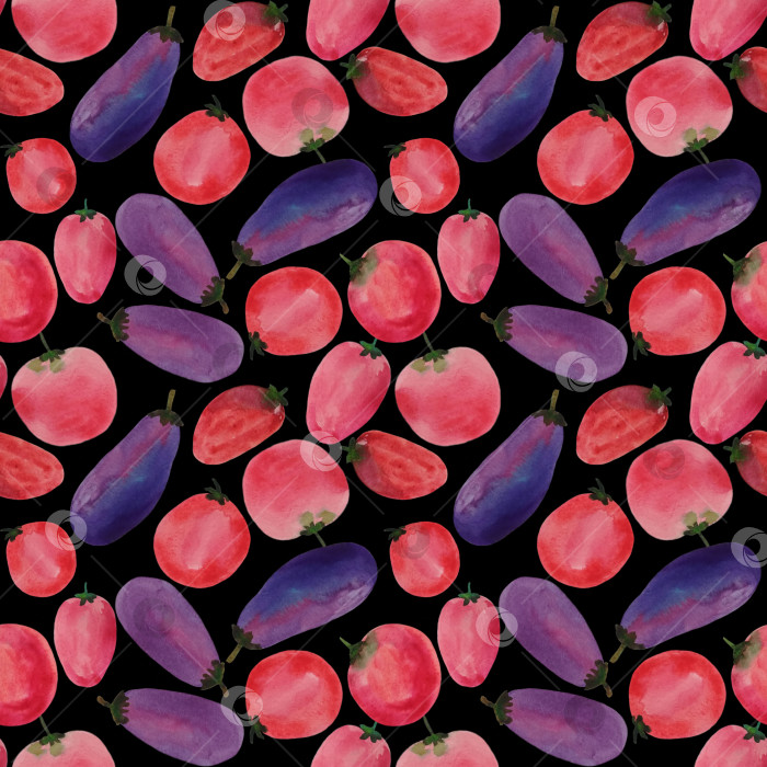 Скачать Бесшовный яркий узор с овощами на черном фоне. Помидоры и баклажаны. Нарисован вручную акварелью. фотосток Ozero