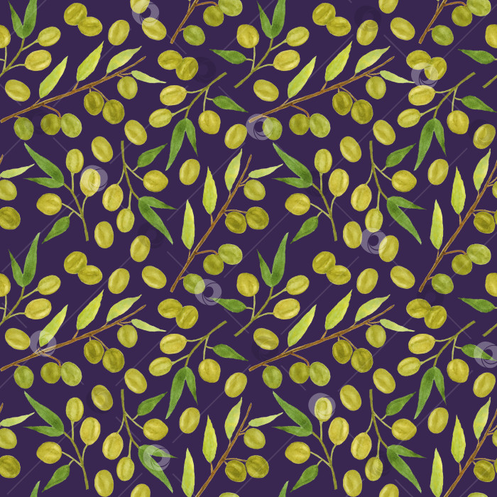 Скачать Бесшовный узор, оливки на темном фоне. Иллюстрация выполнена акварелью вручную. Ее можно использовать для ткани, упаковочной бумаги, обложек, меню, открыток, обоев. фотосток Ozero