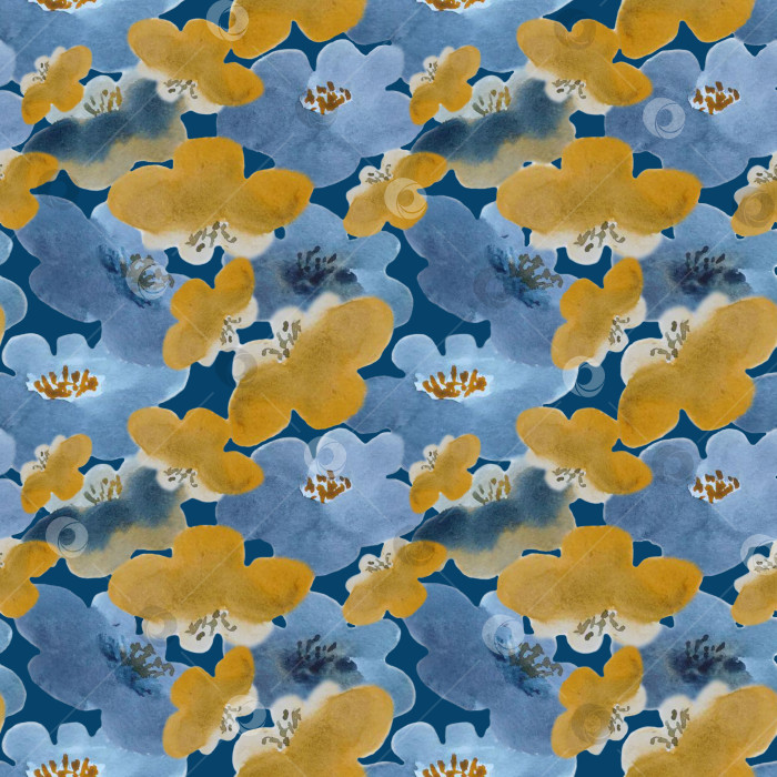 Скачать Бесшовный узор с акварельными цветами на темно-синем фоне. Нарисован от руки. Его можно использовать для приглашений, поздравлений, открыток, скрапбукинга, обложек, ткани, обоев. фотосток Ozero