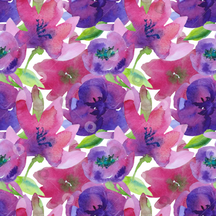 Скачать Бесшовный квадратный узор из розовых и фиолетовых цветов на белом фоне. Иллюстрация выполнена вручную акварелью. фотосток Ozero