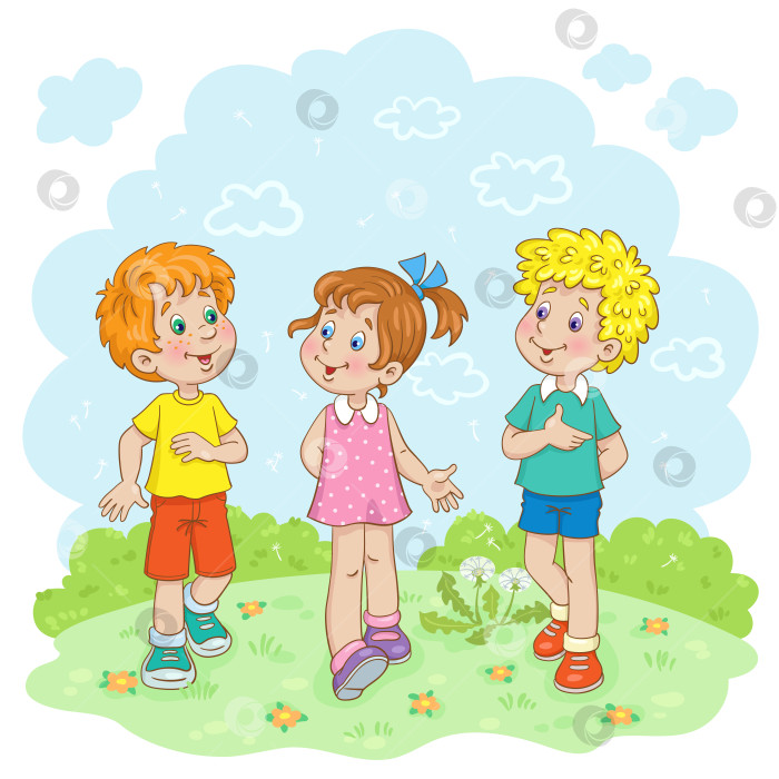 Скачать Два веселых мальчика и одна симпатичная девочка гуляют и разговаривают на летнем лугу. фотосток Ozero