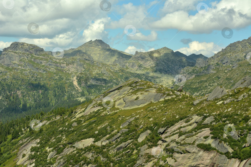 Скачать Вид с вершины пологой горы на красивые горные хребты с остроконечными вершинами в пасмурный летний день. фотосток Ozero