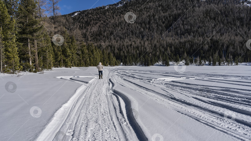 Скачать На замерзшем и заснеженном озере видны следы снегоходов. фотосток Ozero