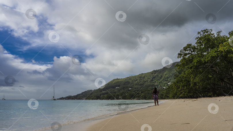 Скачать Девушка с длинными волосами стоит на песчаном пляже. фотосток Ozero