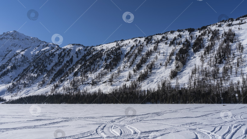 Скачать На заснеженной поверхности замерзшего озера видны следы шин и полозьев снегоходов фотосток Ozero