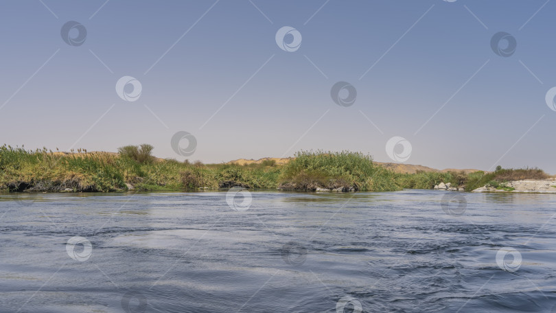 Скачать На берегу реки видна зеленая растительность и валуны. фотосток Ozero