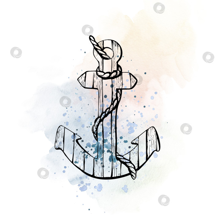 Скачать Деревянный полосатый якорь с веревкой на фоне акварельных разводов и брызг. Изолированный объект, нарисованный от руки в графической технике. Иллюстрация для летнего, морского и пляжного оформления и дизайна. фотосток Ozero