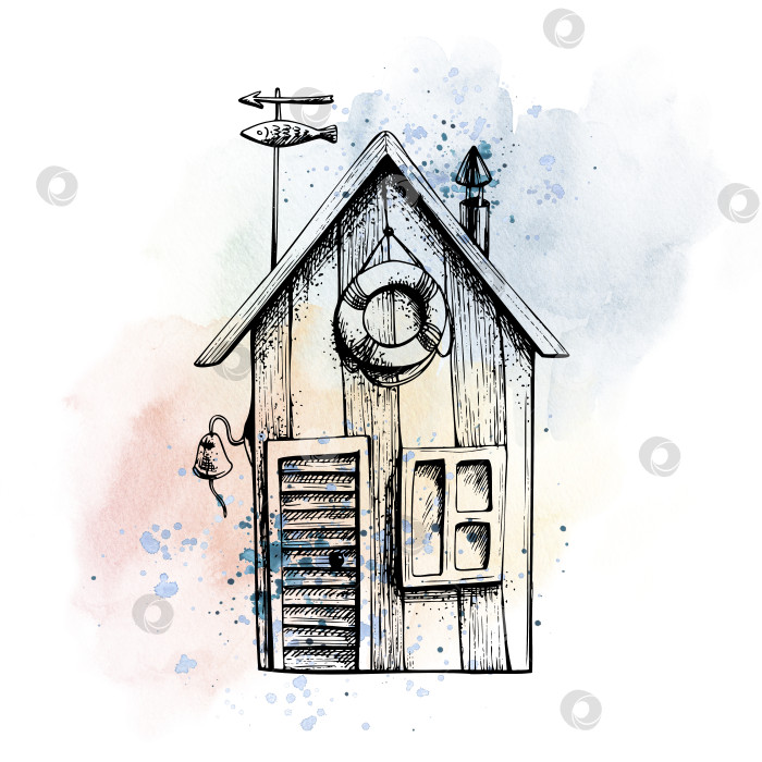 Скачать Морской пехотинец, дом рыбака. Изолированный объект, нарисованный от руки в графической технике на фоне акварельных разводов и брызг. Иллюстрация для летнего, морского и пляжного декора и дизайна фотосток Ozero