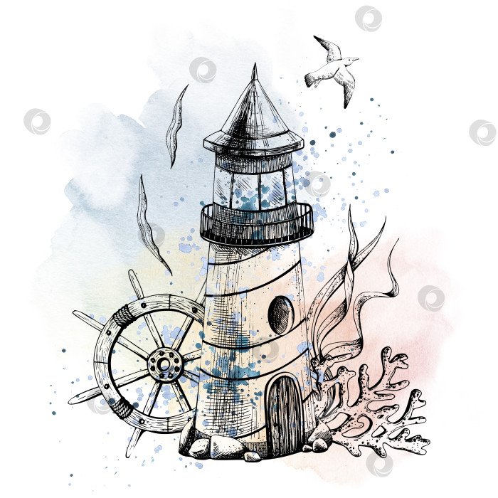 Скачать Морской маяк, кораллы, водоросли, шлем и графика чаек на фоне акварельных пятен и брызг. Иллюстрация, нарисованная от руки. Изолированная композиция на белом фоне. фотосток Ozero
