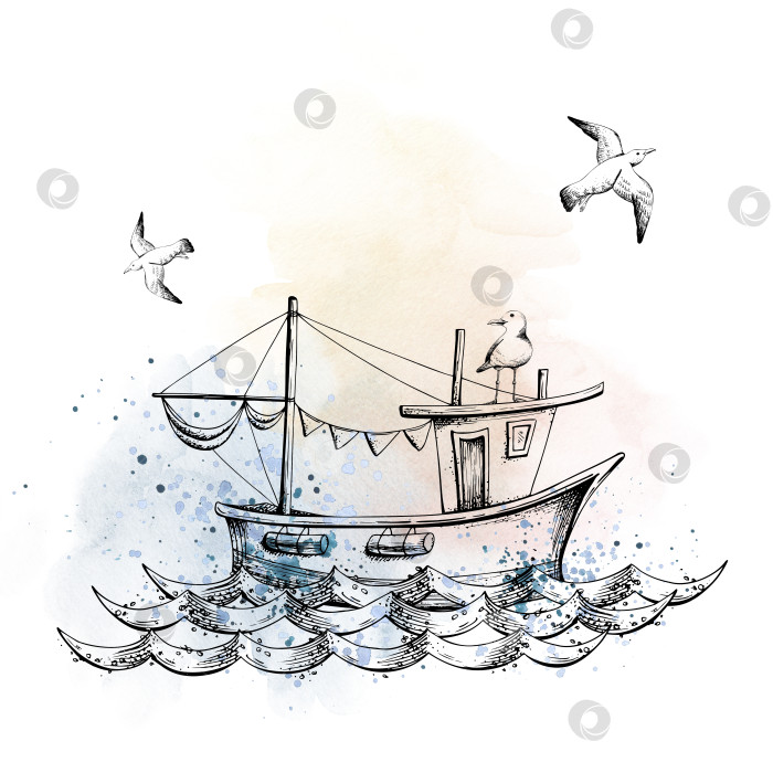 Скачать Парусная лодка на волнах с морскими чайками, изолированная композиция на белом фоне, нарисованная от руки в графическом стиле. Акварельная иллюстрация. Для печати, плакатов, открыток, наклеек фотосток Ozero