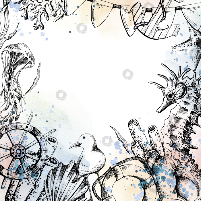 Скачать Квадратная рамка в морском стиле, шаблон с нарисованными от руки морским коньком, медузой, кораллами, ракушками, якорем и рулем направления на фоне акварельных разводов и брызг. Иллюстрация, нарисованная от руки. фотосток Ozero